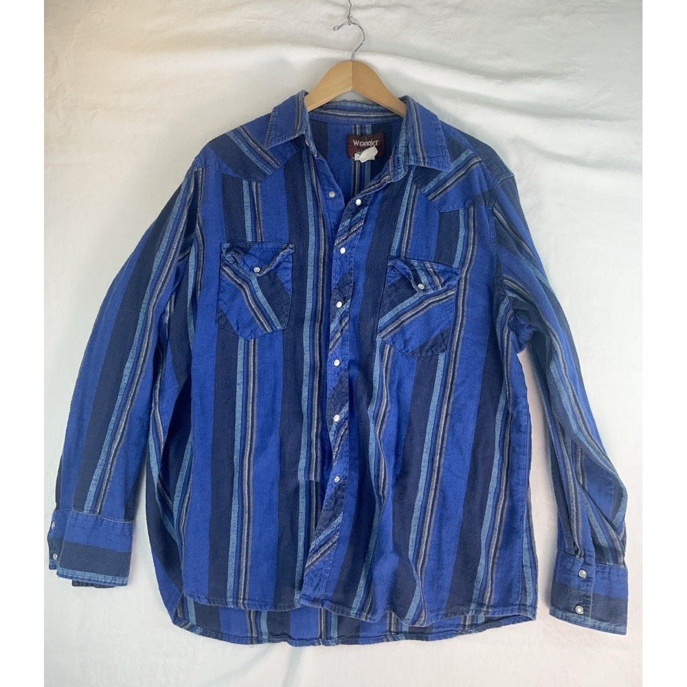 VTG Wrangler Shirt‎ Mens XL Big Man Blue Pearl Snap Cowboy Wrancher Western